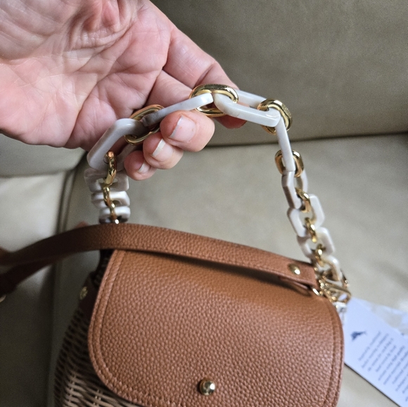 New Tommy Bahama Bag Rattan Brown Tan Crossbody Strap Handbag Purse Convertible - Picture 10 of 15